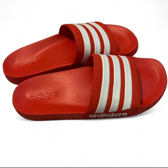Adidas Red Slides with White Stripes - Picture 2 of 2